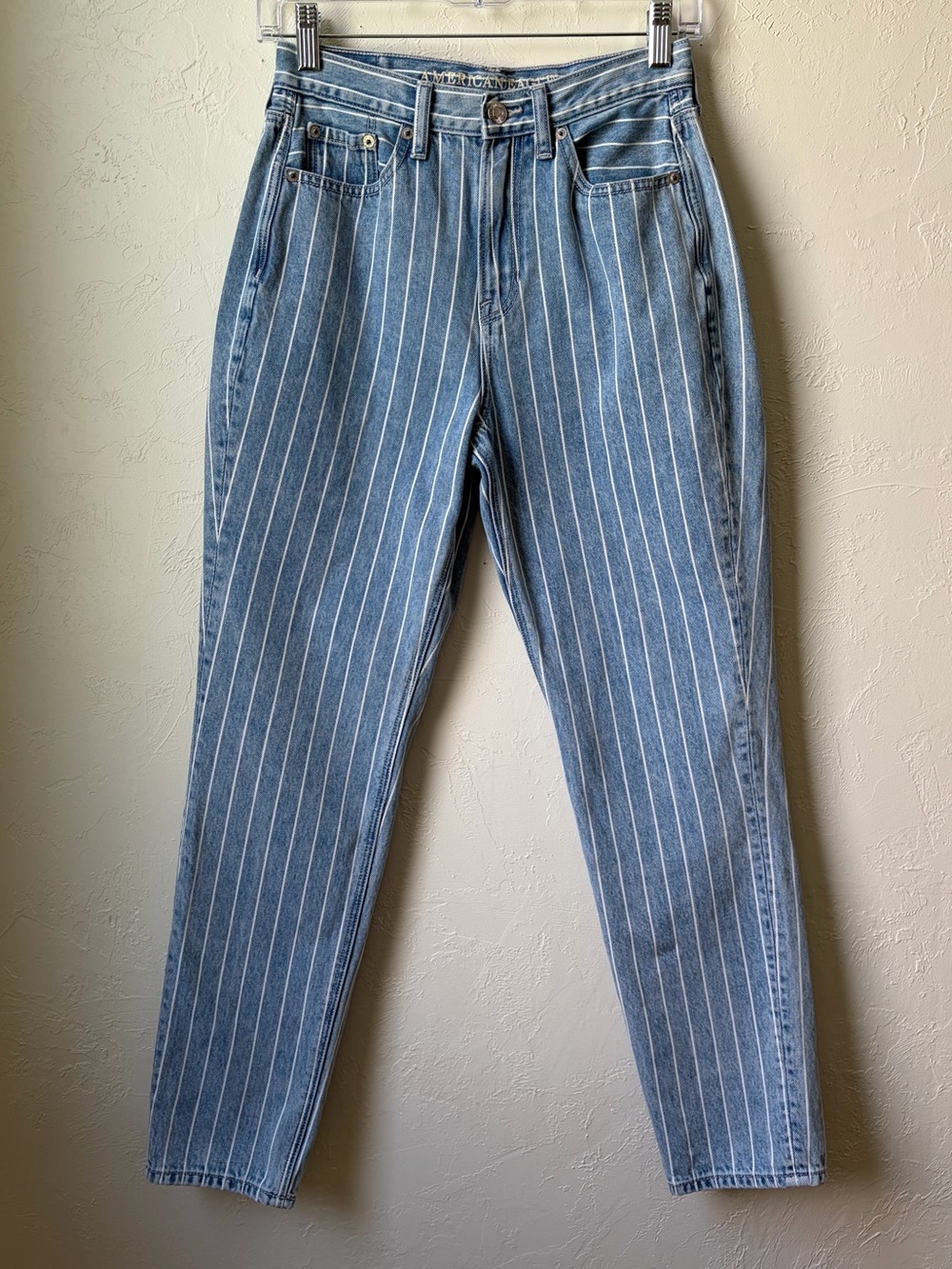 American Eagle Pinstripe Mom Jeans High Rise Blue White Size 0